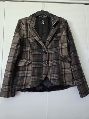 Miss Ashley Plaid Tailored Ladies Blazer Jacket - Brown/Olive